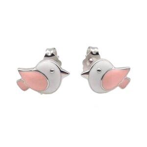 Small enameled pink birds Sterling silver stud earrings, earlobe, woman earrings